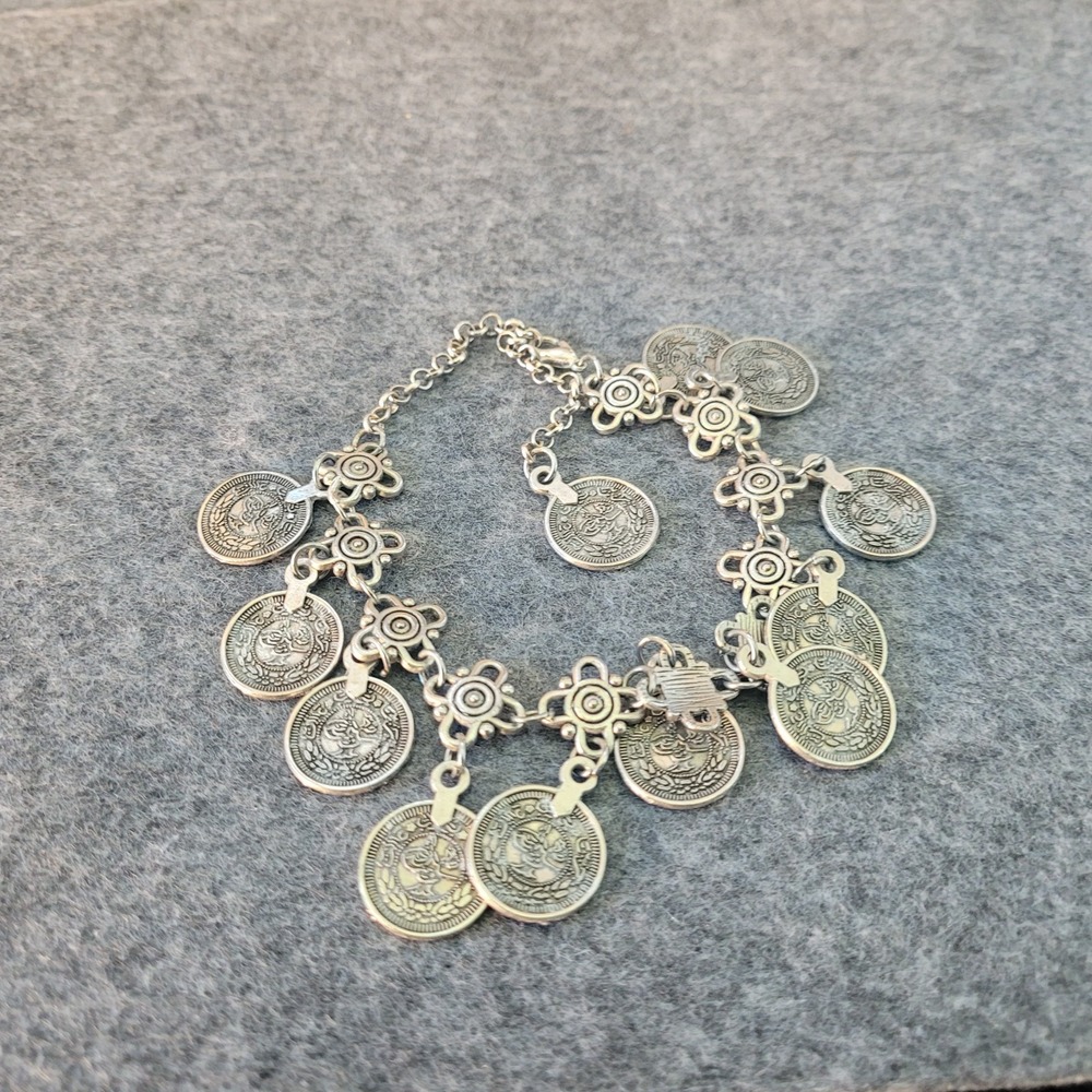 South Asian Middle Eastern Style Filigree Coin Anklet 10in Boho Festival
